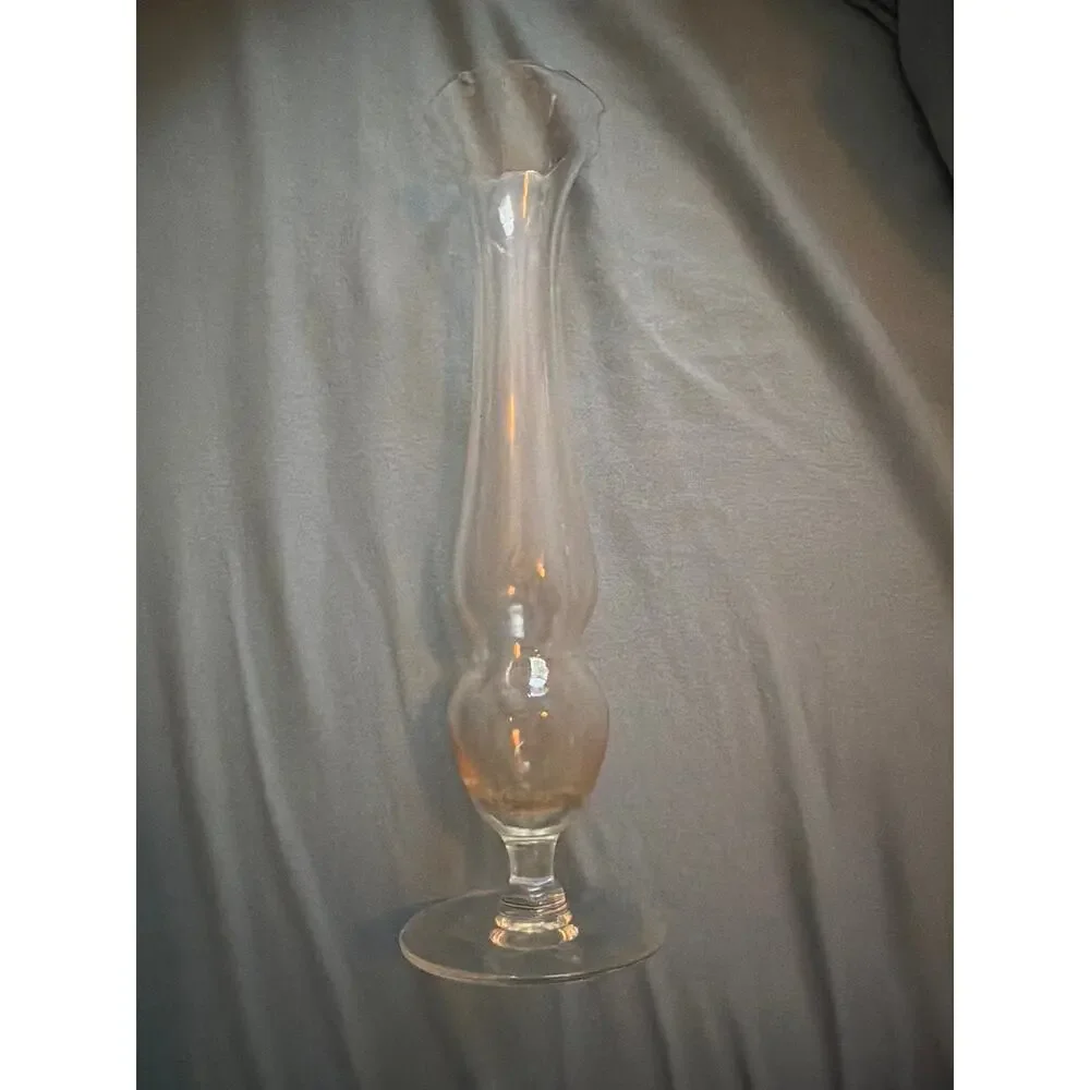 Vintage Clear Glass Bud Vase Tall Ruffled Flared Rim Pedestal Foot Flower Vase